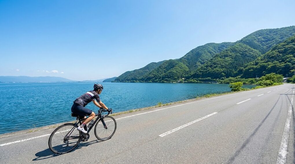 琵琶湖の北湖(ほっこ)エリアの湖岸道路を、ロードバイクで快走するサイクリストの様子。信号がなく、湖と山並みが続く自然豊かな風景が広がっている。