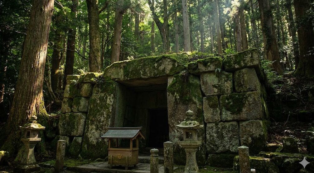 白髭神社の本殿裏にある岩戸社（古墳の石室）。苔むした石組みと周囲の森に光が差し込み、神秘的で厳かな雰囲気が漂う。