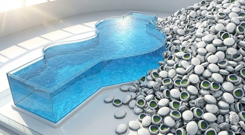 琵琶湖の形をした透明な巨大水槽と、その横に山積みになった無数の東京ドーム型カップの比較図。水量の膨大さを視覚的に表現している。