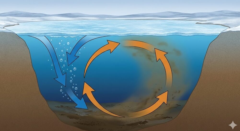の琵琶湖における全層循環（ターンオーバー）を示す断面図。湖面で冷やされた水が湖底へ沈み込み、湖底の水が上昇するという垂直方向の循環が矢印で示されている。