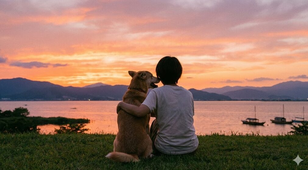 夕暮れの滋賀県の風景の中で、ボランティアと保護犬が寄り添って座り、絆を深めている後ろ姿。