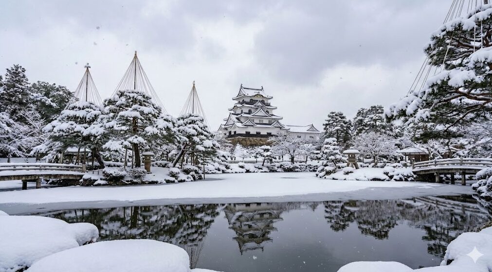 玄宮園の池越しに望む、深い雪に覆われた冬の彦根城天守閣と日本庭園の絶景写真。