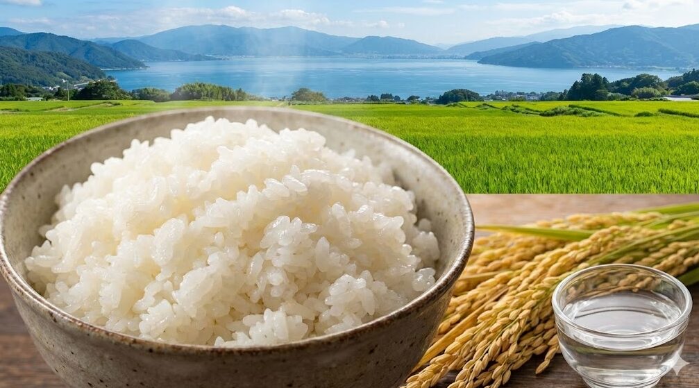 湯気が立つ炊き立てのご飯が入った茶碗と、その手前に置かれた稲穂と水のグラス。背景には、琵琶湖と緑豊かな棚田の風景が広がる、滋賀県産米「みずかがみ」をイメージしたアイキャッチ画像。
