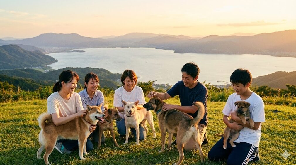 夕暮れの滋賀県、琵琶湖を一望する丘の上で、保護犬たちと笑顔で触れ合う日本人ボランティアグループの集合写真。