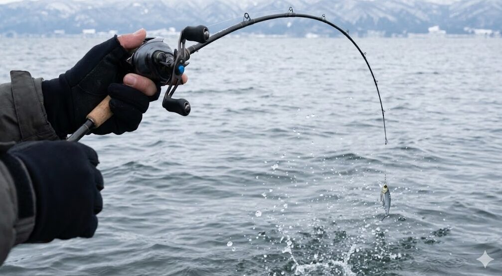 冬の琵琶湖でメタルバイブをリフト＆フォールさせる釣り人の手元のクローズアップ写真。ロッドが曲がり水しぶきが上がっている。