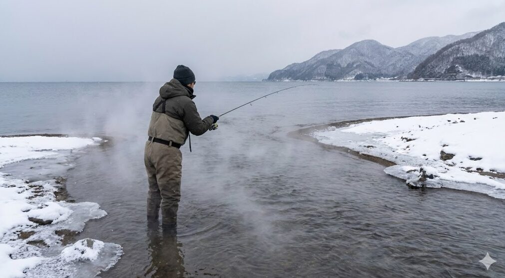 冬の琵琶湖、雪が残る湖西の浜で、湯気が立つ温かい流れ込みにウェーディングして釣りをするアングラー。