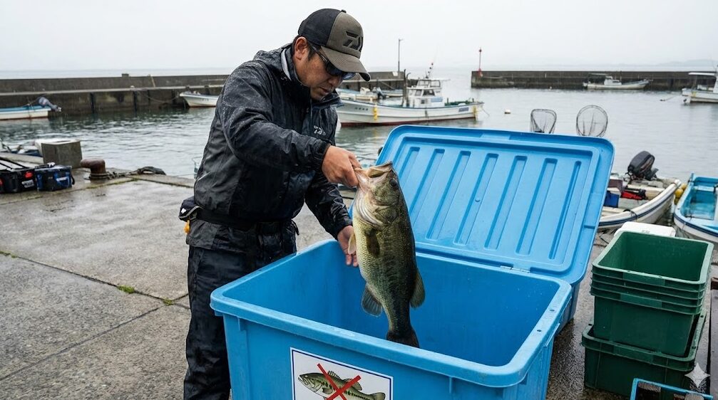 琵琶湖の漁港に設置された青い外来魚回収ボックスに、釣り人が釣ったブラックバスを入れている様子。リリース禁止条例を守るための正しい処理方法。