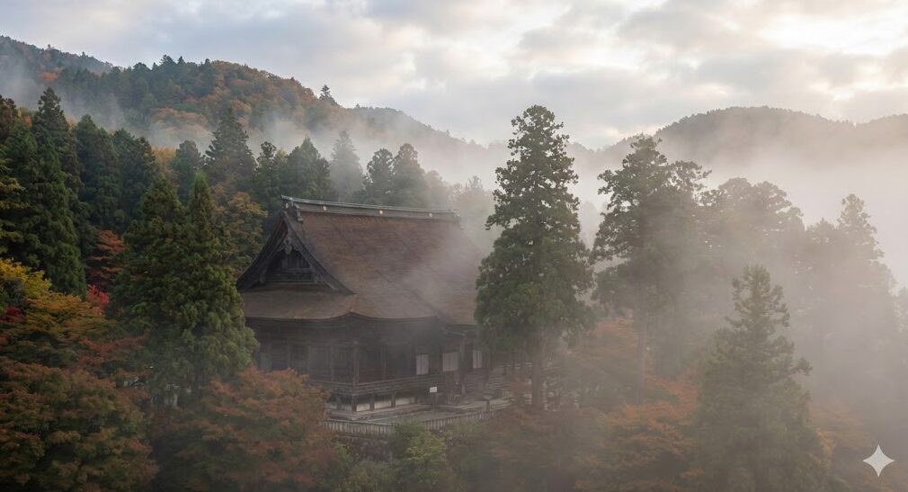 霧に包まれた比叡山延暦寺の根本中堂と周囲の山々の荘厳な風景。