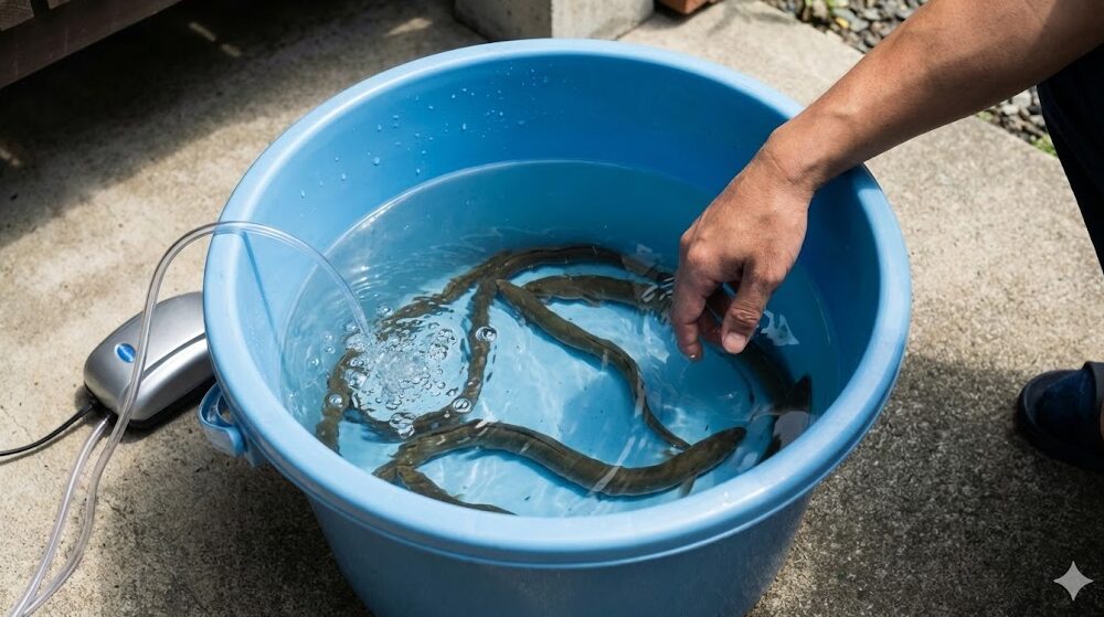 釣ったうなぎを美味しく食べるためにエアレーションをしながらバケツで泥抜きをしている様子