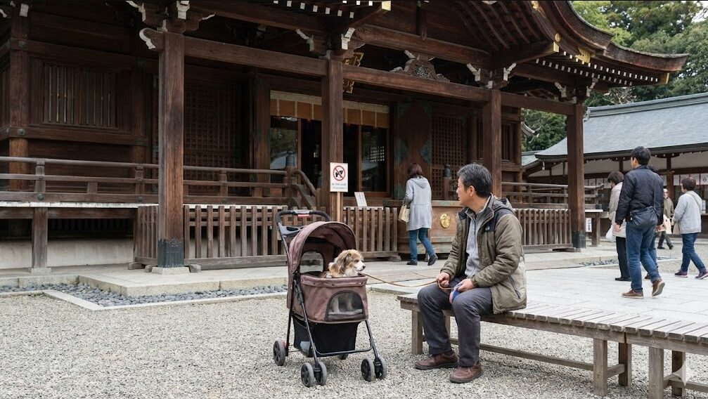 多賀大社の建物内はペット立ち入り禁止のため、飼い主が交代で参拝し、一人が外でペットカートに乗せた犬と待機している様子。