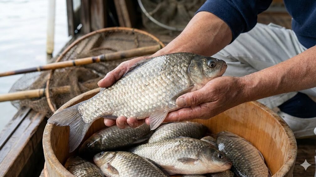 熟練の職人が鮒寿司の最高級原料である琵琶湖固有種のニゴロブナを厳選する手元の様子。