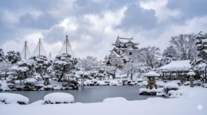 【2026冬】深い雪に包まれた玄宮園の池と日本庭園越しに望む、彦根城天守閣の美しい雪景色の絶景写真。