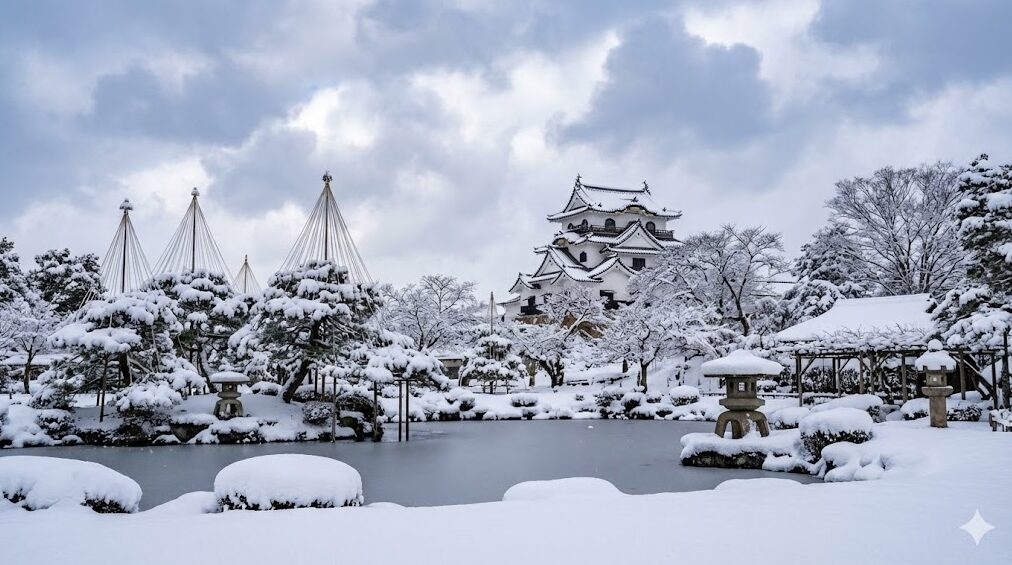 【2026冬】深い雪に包まれた玄宮園の池と日本庭園越しに望む、彦根城天守閣の美しい雪景色の絶景写真。