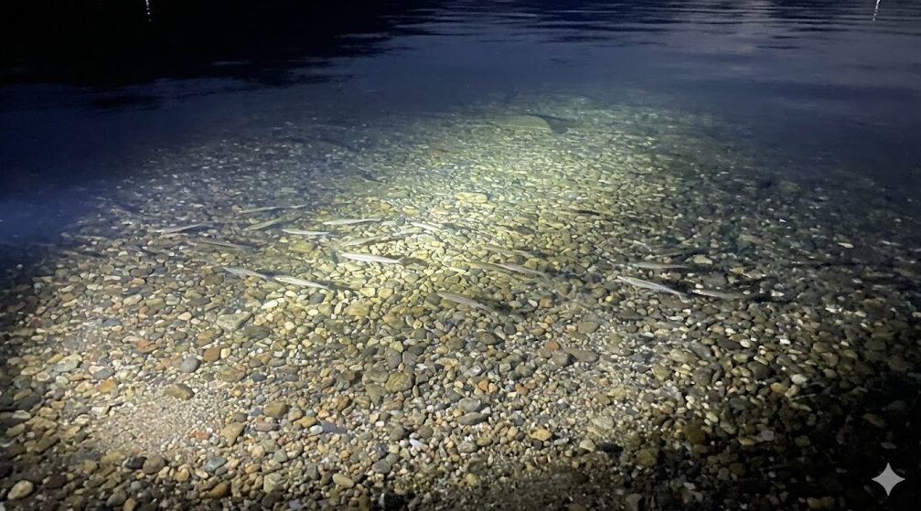 夜間のライトで照らされた、ワカサギが好む琵琶湖の砂利底の様子。透明度が高く、遠浅の地形。