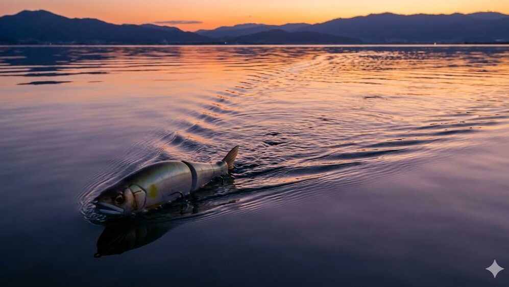 冬の夕暮れ時、静寂な琵琶湖の水面を大きな引き波を立てて泳ぐウェイクベイトのクローズアップ写真。