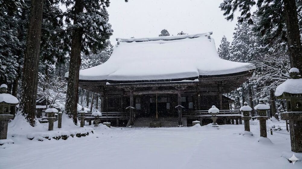 深い雪に覆われた比叡山延暦寺の根本中堂。大改修のために設置された巨大な素屋根にも雪が積もり、静寂な冬の境内の様子。