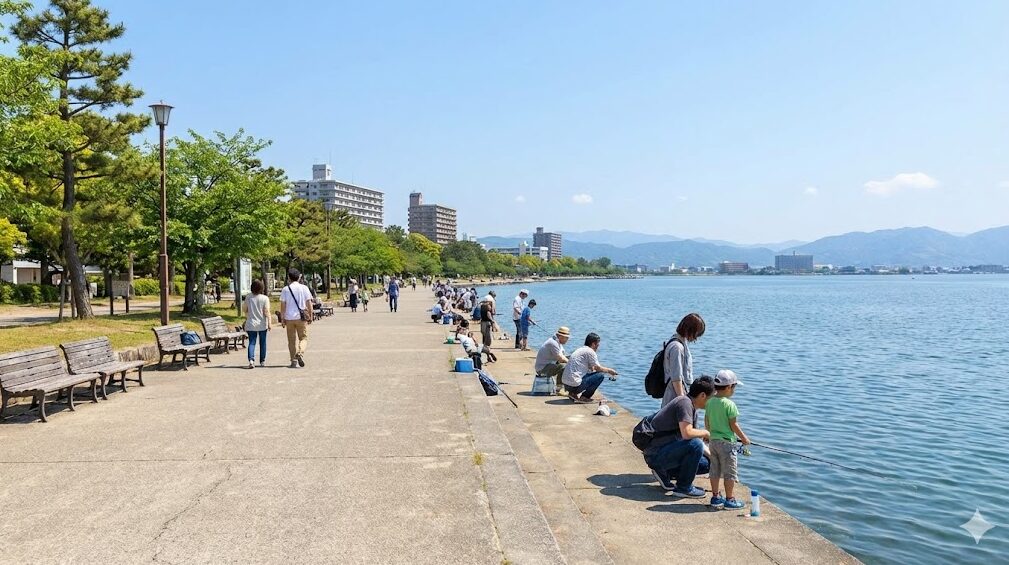 大津市のなぎさ公園で、家族連れや釣り人が琵琶湖岸で釣りを楽しんでいる様子