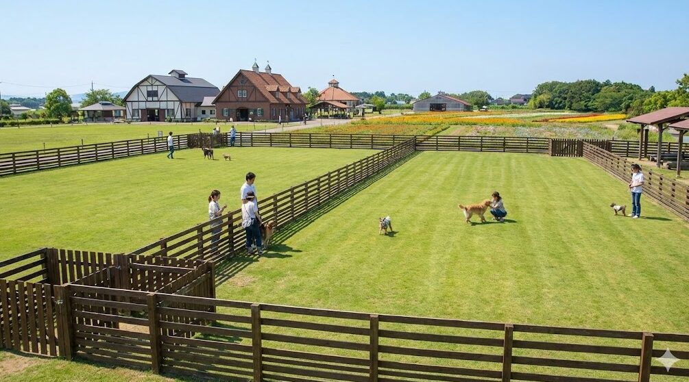 滋賀農業公園ブルーメの丘にある、広大でエリア分けされた芝生のドッグラン。ドイツ風の建物と花畑を背景に、飼い主と犬たちが遊んでいる。
