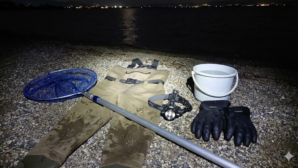 琵琶湖のワカサギすくいに必要な道具一式。柄の長いタモ網、ウェーダー、ヘッドライト、手袋、バケツが並べられている。