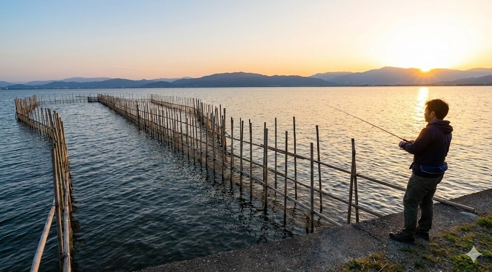 夕暮れの琵琶湖で、伝統的な定置網漁法「エリ」の近くで釣りをする男性。漁業権を侵害しないよう、エリから十分な距離を保って釣りをしている様子。