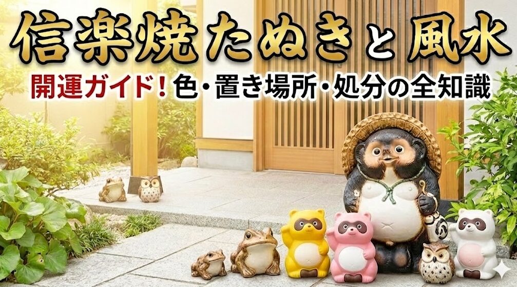 「信楽焼たぬきと風水 開運ガイド！色・置き場所・処分の全知識」というタイトルのアイキャッチ画像。日本の住宅の明るい玄関先に、大きな信楽焼たぬきと、黄色、ピンク、白の小さな狸、カエル、フクロウの置物が並んでいる様子。