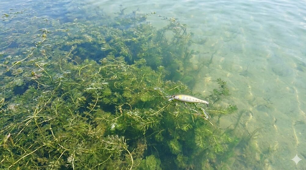 夏の琵琶湖の水中で、水草（ウィード）の群生と水面に浮かぶルアーの様子