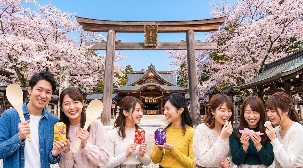 多賀大社の大鳥居と拝殿の前で、満開の桜の下、笑顔で並ぶ若い男女のグループ。手には縁結びのお守りや名物のお多賀杓子を持ち、糸切餅を楽しそうに食べている様子。