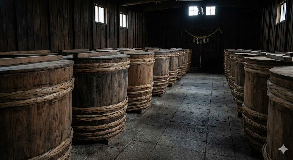 滋賀の伝統的な鮒寿司作りで使用される木桶が並ぶ、清潔で厳かな雰囲気の発酵蔵の様子。