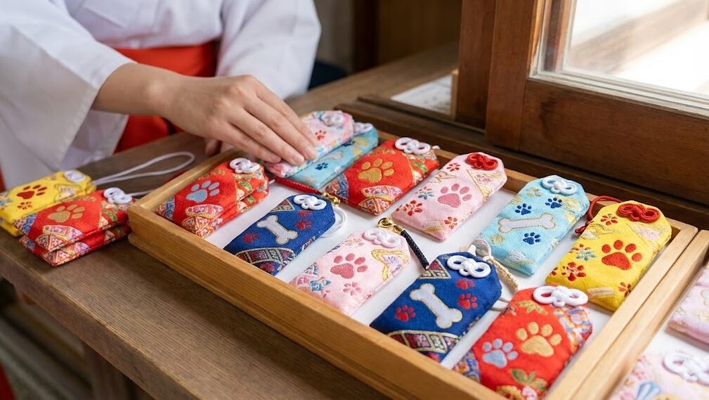 多賀大社の授与所で授かることができる、肉球や骨のモチーフが刺繍された色鮮やかで可愛いペット専用お守りの数々。