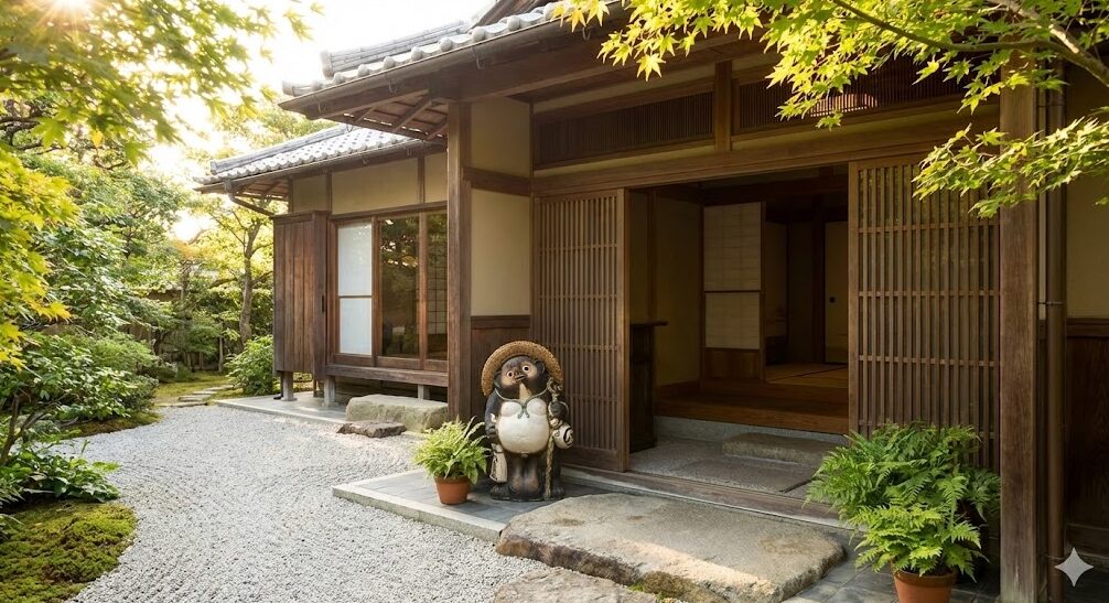 日本の住宅の玄関先に、外に向けて置かれた信楽焼のたぬきの置物。良い気を招き入れる風水的な配置例。