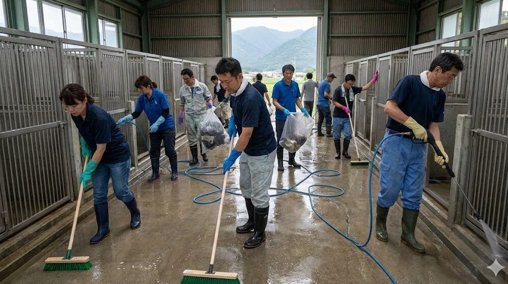 滋賀県の保護犬シェルターで、複数のボランティアが協力して犬舎を清掃している様子。