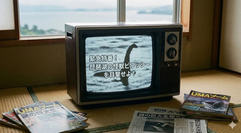 昭和の古いブラウン管テレビの画面に、「緊急特番!琵琶湖の怪獣ビワッシーを目撃せよ!」というテロップと、水面に浮かぶ未確認生物のシルエットが白黒で映し出されている。テレビが置かれた畳の部屋には、「UMAブーム」「謎の巨大生物」といった見出しの当時の雑誌や新聞が積まれ、窓の外には琵琶湖の風景が広がっている。テレビメディアが広めた都市伝説の熱狂的な背景を伝えるレトロな写真。