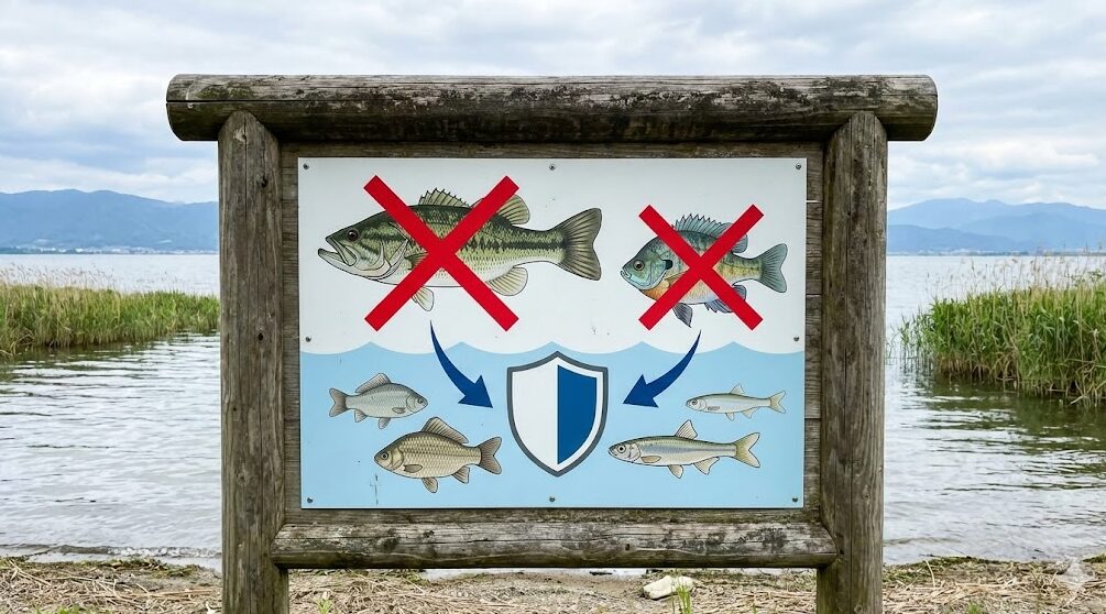 琵琶湖畔に設置された「琵琶湖バスは解放禁止」と書かれた看板。ブラックバスとブルーギルに赤いバツ印が付けられ、在来魚を守るための条例をイラストで説明している。