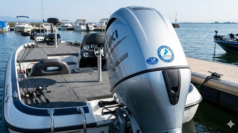 琵琶湖のマリーナに係留されたバスボート。環境規制に適合した4サイクルエンジンに、滋賀県の認定ステッカーが貼られている様子。旧式2サイクルエンジンの使用禁止ルールに関連する画像。