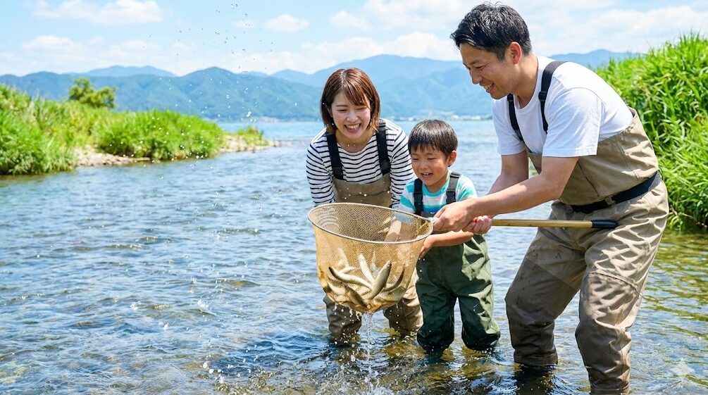 快晴の琵琶湖流入河川で、ウェーダーを着用した笑顔の家族（父、母、息子）が小鮎すくいを楽しんでいる様子。父親が引き上げたタモ網の中には、捕まえたばかりの小鮎が銀色に輝きながら跳ねており、水しぶきが上がっている。背景には緑豊かな岸辺と青空、遠くの山々が広がる、夏のレジャー風景。