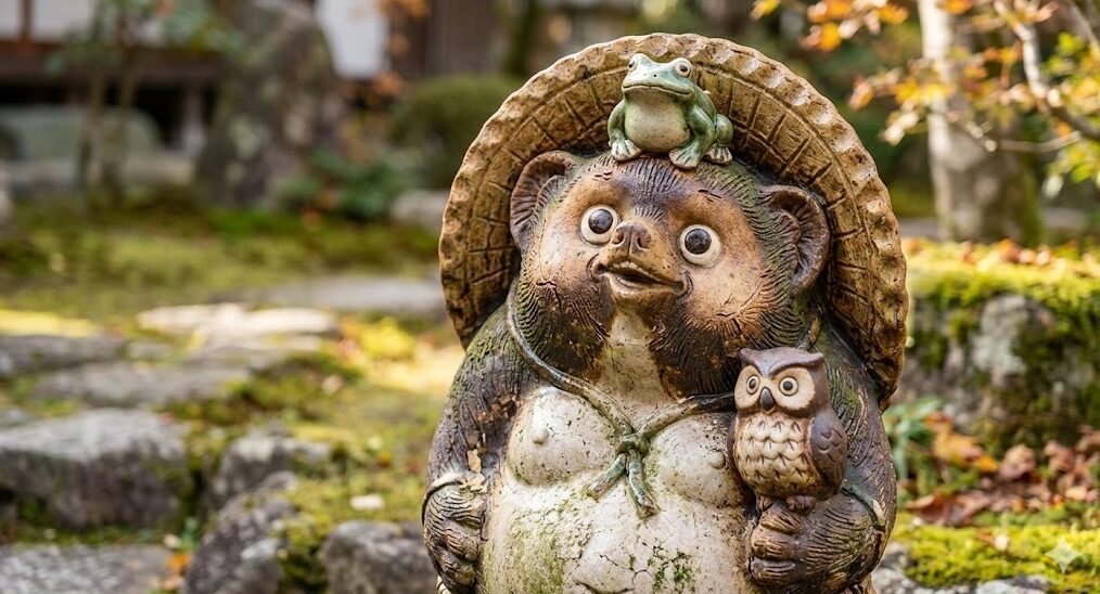 頭にカエルを乗せ、腕にふくろうを抱えた「満願成就」スタイルの信楽焼たぬきのクローズアップ写真。