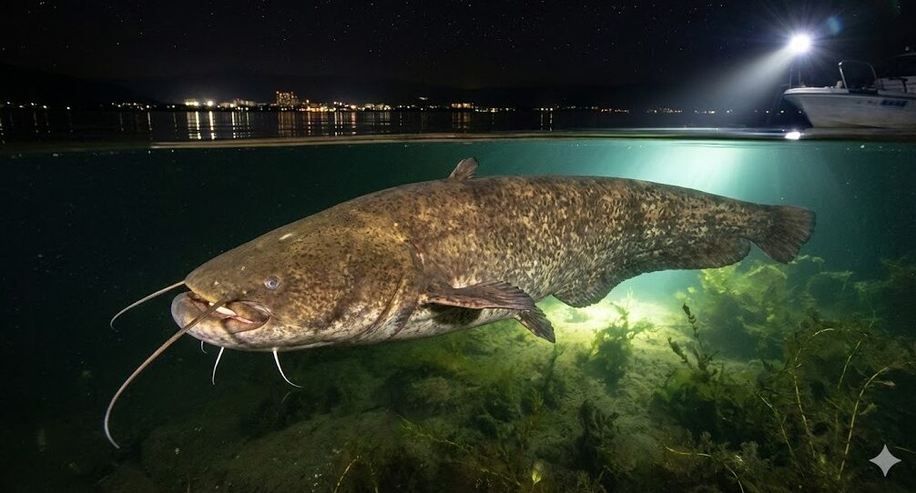 夜の琵琶湖で、巨大なビワコオオナマズが水面を割って激しく捕食する瞬間。釣り船のライトに照らされた迫力ある姿。