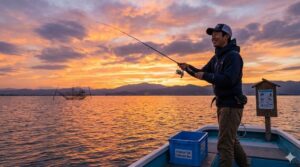 琵琶湖の夕暮れ時、ボートの上で笑顔を見せながら釣りを楽しむ日本人男性。船上には外来魚回収ボックスやルールの看板が設置されており、釣り禁止の不安を払拭し、ルールを守って釣り場と共存するポジティブな姿を表現したアイキャッチ画像。