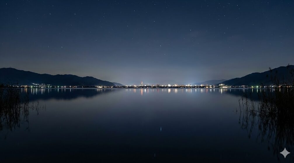 風がなく波が全く立っていない、鏡のように静かな夜の琵琶湖面。ワカサギすくいに最適なベタ凪の状態。