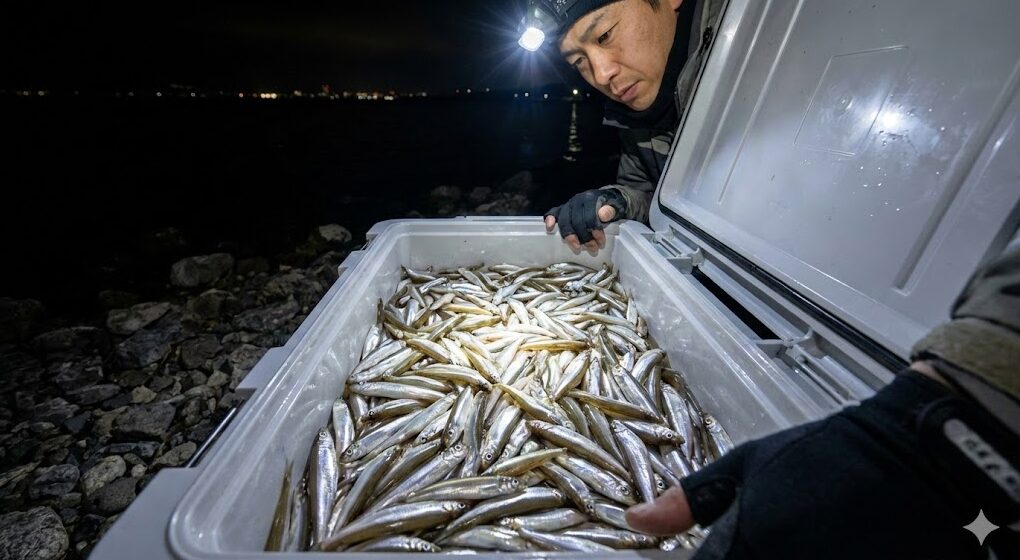 夜の琵琶湖岸でクーラーボックスいっぱいに獲れた大量のワカサギ。爆釣シーズンの釣果の様子。