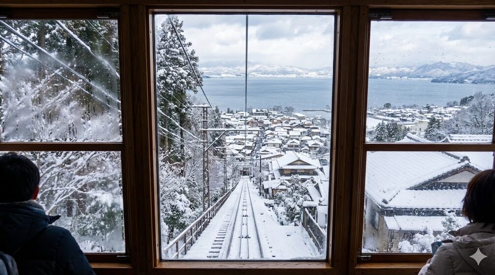 冬の坂本ケーブルからの絶景。雪が積もった線路と、車窓から見下ろす雪化粧した琵琶湖と坂本の街並み。