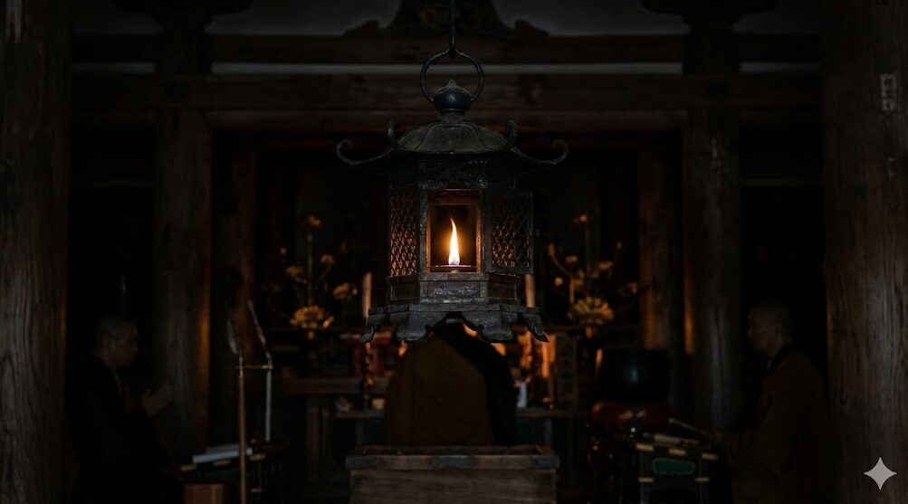 比叡山延暦寺根本中堂の薄暗い堂内で、1200年間灯り続ける不滅の法灯の炎が静かに揺らめいている様子。