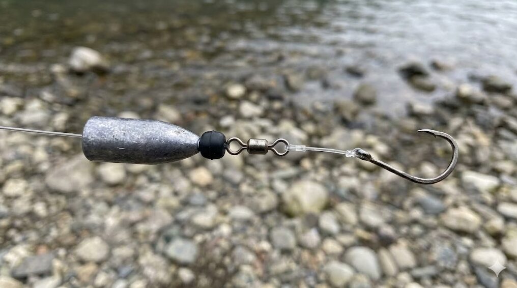 琵琶湖でのうなぎ釣りに使用する中通しオモリを用いた遊動式ブッコミ釣り仕掛けの構成例