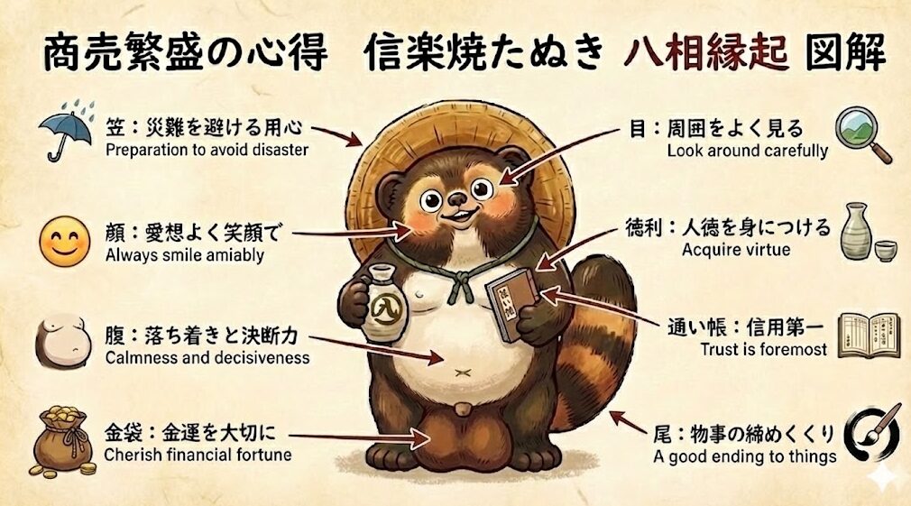 信楽焼たぬきの八相縁起（笠、目、顔、徳利、通い帳、腹、金袋、尾）の各部位と意味を図解したイラスト。商売繁盛の心得を示す。