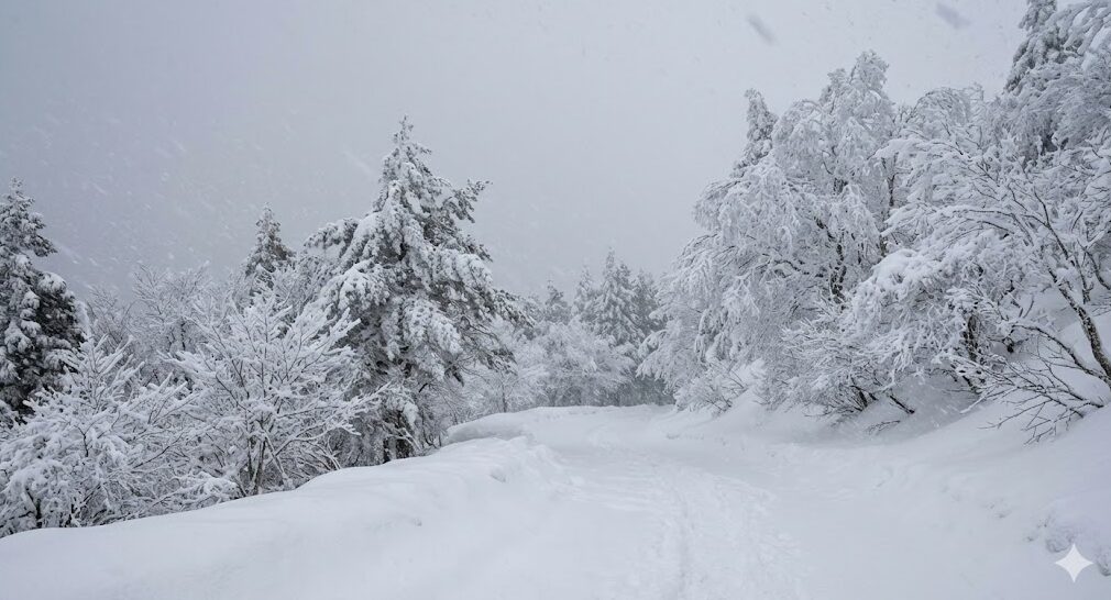 厳冬期の比叡山頂付近。道路も周囲の木々も深い雪と霧氷で完全に真っ白に覆われ、激しい雪が降っている厳しい気象状況。