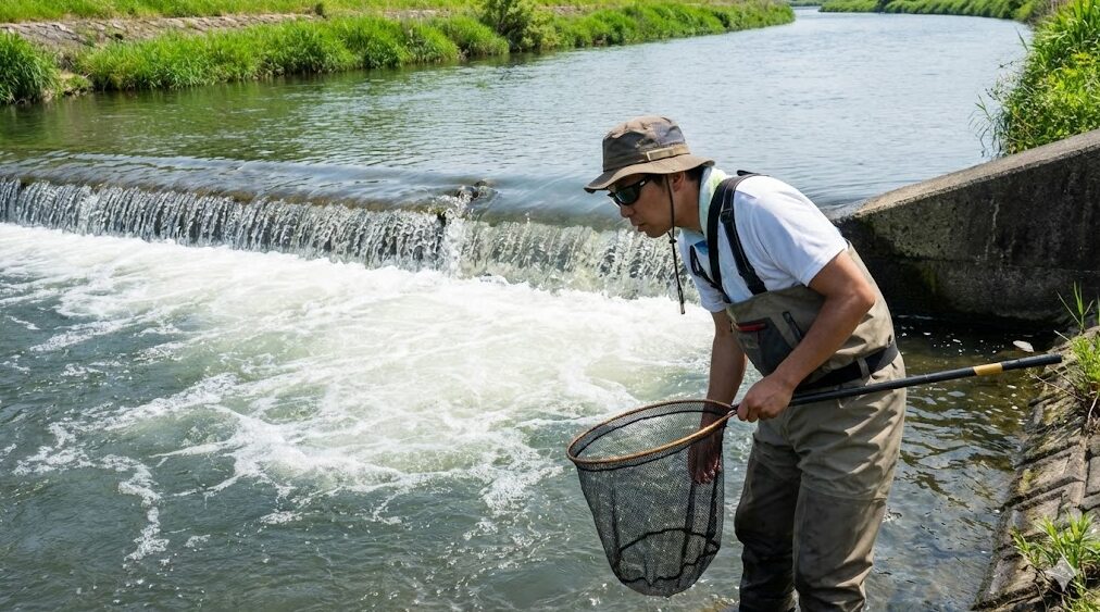 琵琶湖流入河川の堰堤（えんてい）下で、偏光グラスをかけて小鮎の魚影を探しながら網を構える男性。