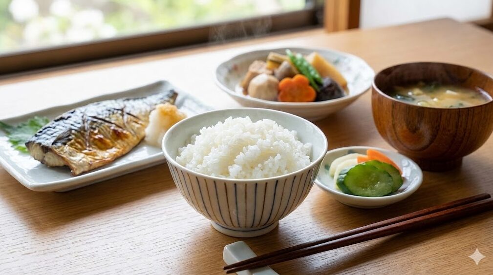 和食の献立とみずかがみのご飯が並ぶ食卓。焼き魚や煮物など、おかずを引き立てるお米の魅力を表現。