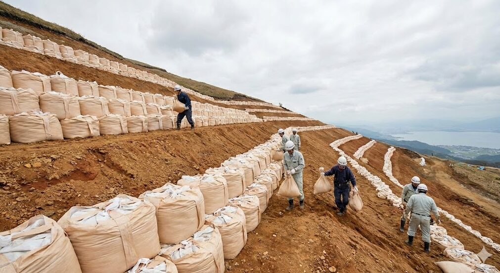 伊吹山の荒廃した斜面で、土砂流出を防ぐために行われている大規模な土のう設置工事の様子。作業員が手作業で土のうを積み上げている。