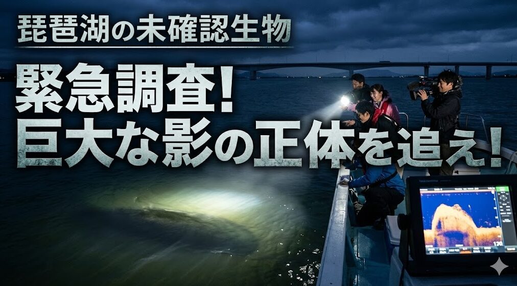 夜の琵琶湖で、サーチライトに照らされた水中の巨大な影を指差し、興奮する調査隊の様子。「琵琶湖の未確認生物 緊急調査！巨大な影の正体を追え！」という大きな白いテキストが重ねられ、手前には大きな反応を示すソナー画面が映っている。