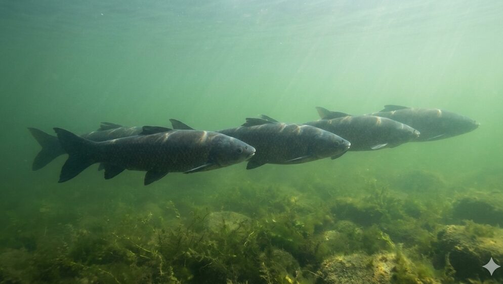 琵琶湖の水中で、複数の巨大なアオウオが縦一列になって泳ぐ様子。その姿は巨大なヘビや潜水艦のように見え、未確認生物と誤認される原因となる。